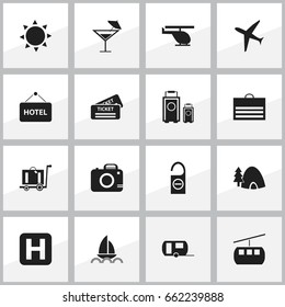 Set Of 16 Editable Trip Icons. Includes Symbols Such As Aircraft, Luggage, Caravan And More. Can Be Used For Web, Mobile, UI And Infographic Design.