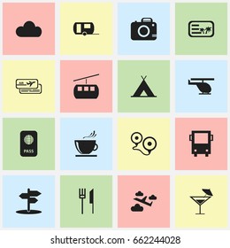 Set Of 16 Editable Trip Icons. Includes Symbols Such As Boarding Pass, Aviation, Cableway And More. Can Be Used For Web, Mobile, UI And Infographic Design.