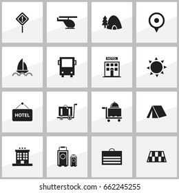 Set Of 16 Editable Trip Icons. Includes Symbols Such As Chopper, Caution, Omnibus And More. Can Be Used For Web, Mobile, UI And Infographic Design.