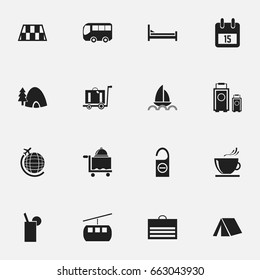 Set Of 16 Editable Trip Icons. Includes Symbols Such As Cup, Cableway, Luggage And More. Can Be Used For Web, Mobile, UI And Infographic Design.