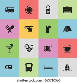 Set Of 16 Editable Trip Icons. Includes Symbols Such As Cup, Do Not Disturb, Chopper And More. Can Be Used For Web, Mobile, UI And Infographic Design.