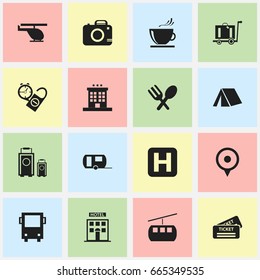 Set Of 16 Editable Trip Icons. Includes Symbols Such As Hotel, Luggage, Location And More. Can Be Used For Web, Mobile, UI And Infographic Design.