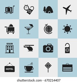 Set Of 16 Editable Trip Icons. Includes Symbols Such As Do Not Disturb, Room Service, Chopper And More. Can Be Used For Web, Mobile, UI And Infographic Design.