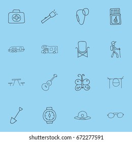 Set Of 16 Editable Trip Icons. Includes Symbols Such As Carabine, Wrist Clock, Beach Hat And More. Can Be Used For Web, Mobile, UI And Infographic Design.