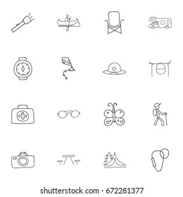 Set Of 16 Editable Trip Icons. Includes Symbols Such As Beach Hat, Boat, Campfire Cooking And More. Can Be Used For Web, Mobile, UI And Infographic Design.