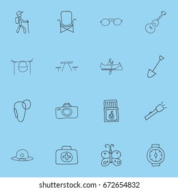 Set Of 16 Editable Trip Icons. Includes Symbols Such As Flashlight, Campfire Cooking, Shovel And More. Can Be Used For Web, Mobile, UI And Infographic Design.