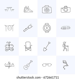 Set Of 16 Editable Trip Icons. Includes Symbols Such As Beauty Insect, Medical Kit, Campfire Cooking And More. Can Be Used For Web, Mobile, UI And Infographic Design.