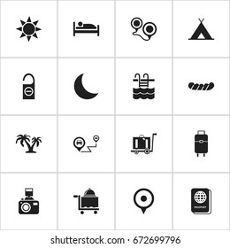 Set Of 16 Editable Trip Icons. Includes Symbols Such As Do Not Disturb, Passport, Camping And More. Can Be Used For Web, Mobile, UI And Infographic Design.