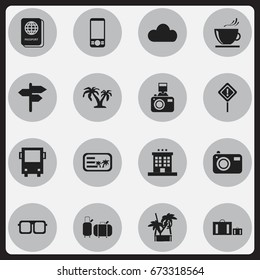 Set Of 16 Editable Trip Icons. Includes Symbols Such As Passport, Briefcase, Tree And More. Can Be Used For Web, Mobile, UI And Infographic Design.