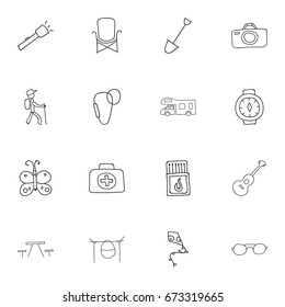 Set Of 16 Editable Trip Icons. Includes Symbols Such As Eyeglasses, Campfire Cooking, Picnic And More. Can Be Used For Web, Mobile, UI And Infographic Design.