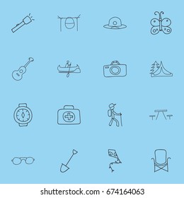 Set Of 16 Editable Trip Icons. Includes Symbols Such As Boat, Photographing, Camp House And More. Can Be Used For Web, Mobile, UI And Infographic Design.