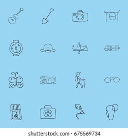 Set Of 16 Editable Trip Icons. Includes Symbols Such As Beach Hat, Flying Toy, Hiker And More. Can Be Used For Web, Mobile, UI And Infographic Design.