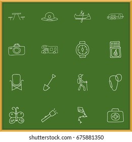 Set Of 16 Editable Trip Icons. Includes Symbols Such As Medical Kit, Beauty Insect, Photographing And More. Can Be Used For Web, Mobile, UI And Infographic Design.