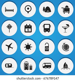 Set Of 16 Editable Trip Icons. Includes Symbols Such As Room Service, Date Block, Yacht And More. Can Be Used For Web, Mobile, UI And Infographic Design.