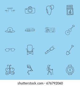 Set Of 16 Editable Trip Icons. Includes Symbols Such As Flashlight, Shovel, Musical Instrument And More. Can Be Used For Web, Mobile, UI And Infographic Design.