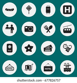 Set Of 16 Editable Trip Icons. Includes Symbols Such As Coupon, Citizenship, Welcome Board And More. Can Be Used For Web, Mobile, UI And Infographic Design.