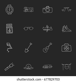 Set Of 16 Editable Trip Icons. Includes Symbols Such As Musical Instrument, Eyeglasses, Beach Hat And More. Can Be Used For Web, Mobile, UI And Infographic Design.