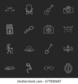 Set Of 16 Editable Trip Icons. Includes Symbols Such As Beach Hat, Camper, Flying Toy And More. Can Be Used For Web, Mobile, UI And Infographic Design.