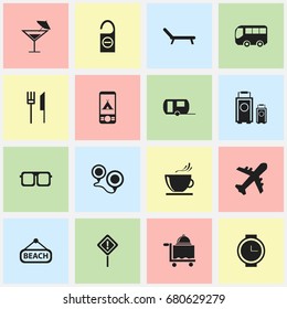 Set Of 16 Editable Trip Icons. Includes Symbols Such As Motorbus, Caravan, Caution And More. Can Be Used For Web, Mobile, UI And Infographic Design.