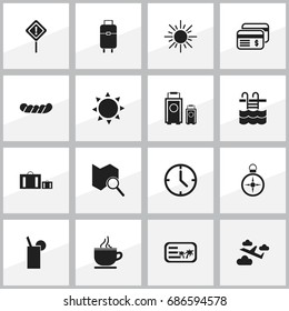 Set Of 16 Editable Trip Icons. Includes Symbols Such As Solar, Bratwurst, Invitation And More. Can Be Used For Web, Mobile, UI And Infographic Design.