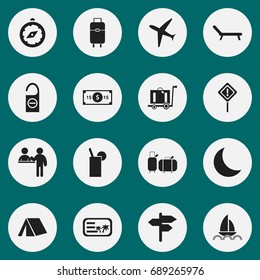 Set Of 16 Editable Trip Icons. Includes Symbols Such As Suitcases, Yacht, Do Not Disturb And More. Can Be Used For Web, Mobile, UI And Infographic Design.