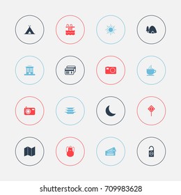 Set Of 16 Editable Trip Icons. Includes Symbols Such As Crescent, Dishes, Plastic Money And More. Can Be Used For Web, Mobile, UI And Infographic Design.