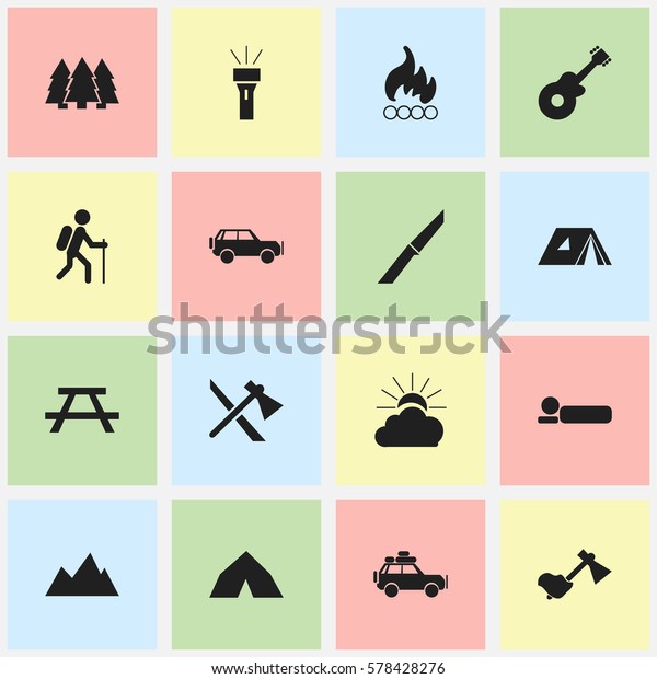 Set Of 16 Editable Trip Icons. Includes Symbols\
Such As Tepee, Sunrise, Ax And More. Can Be Used For Web, Mobile,\
UI And Infographic Design.