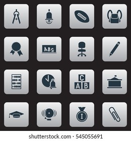 Set Of 16 Editable University Icons. Includes Symbols Such As Alarm Bell, Graduate, Alphabet Cube And More. Can Be Used For Web, Mobile, UI And Infographic Design.