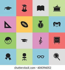 Set Of 16 Editable University Icons. Includes Symbols Such As Work Seat, Blackboard, Graduate And More. Can Be Used For Web, Mobile, UI And Infographic Design.