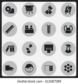 Set Of 16 Editable University Icons. Includes Symbols Such As Student, Molecule, Bookshelf And More. Can Be Used For Web, Mobile, UI And Infographic Design.