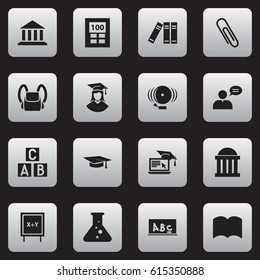 Set Of 16 Editable University Icons. Includes Symbols Such As Dictionary, Schoolbag, School Board And More. Can Be Used For Web, Mobile, UI And Infographic Design.