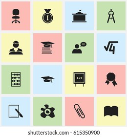 Set Of 16 Editable University Icons. Includes Symbols Such As Dictionary, Studying Boy, Notepaper And More. Can Be Used For Web, Mobile, UI And Infographic Design.
