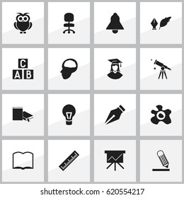 Set Of 16 Editable University Icons. Includes Symbols Such As Omelette, Straightedge, Lamp And More. Can Be Used For Web, Mobile, UI And Infographic Design.