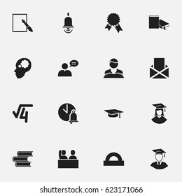Set Of 16 Editable University Icons. Includes Symbols Such As Notepaper, Studying Boy, School Bell And More. Can Be Used For Web, Mobile, UI And Infographic Design.