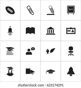Set Of 16 Editable University Icons. Includes Symbols Such As Alarm Bell, Writing, Literature And More. Can Be Used For Web, Mobile, UI And Infographic Design.