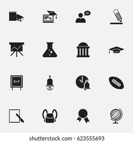 Set Of 16 Editable University Icons. Includes Symbols Such As Bookmark, Alarm Bell, Oval Ball And More. Can Be Used For Web, Mobile, UI And Infographic Design.