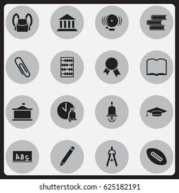Set Of 16 Editable University Icons. Includes Symbols Such As School Bell, Ring, Staple And More. Can Be Used For Web, Mobile, UI And Infographic Design.