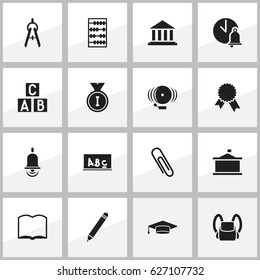 Set Of 16 Editable University Icons. Includes Symbols Such As Graduate, Staple, Math Tool And More. Can Be Used For Web, Mobile, UI And Infographic Design.