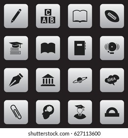 Set Of 16 Editable University Icons. Includes Symbols Such As Staple, Book, Nib And More. Can Be Used For Web, Mobile, UI And Infographic Design.
