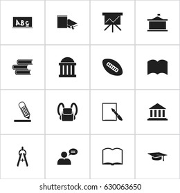 Set Of 16 Editable University Icons. Includes Symbols Such As Museum, Oval Ball, Book And More. Can Be Used For Web, Mobile, UI And Infographic Design.