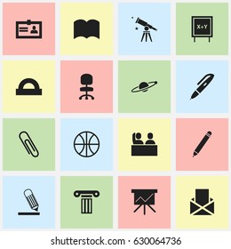 Set Of 16 Editable University Icons. Includes Symbols Such As Writing, Semicircle Ruler, Pillar And More. Can Be Used For Web, Mobile, UI And Infographic Design.