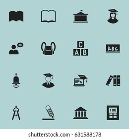 Set Of 16 Editable University Icons. Includes Symbols Such As Math Tool, School Board, Bookshelf And More. Can Be Used For Web, Mobile, UI And Infographic Design.