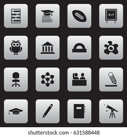 Set Of 16 Editable University Icons. Includes Symbols Such As Pencil, Workbook, Binoculars And More. Can Be Used For Web, Mobile, UI And Infographic Design.