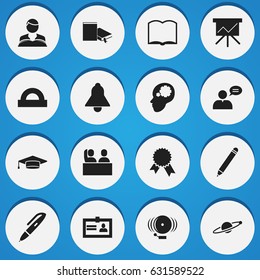 Set Of 16 Editable University Icons. Includes Symbols Such As Semicircle Ruler, Creative Idea, Bookmark And More. Can Be Used For Web, Mobile, UI And Infographic Design.