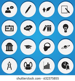 Set Of 16 Editable University Icons. Includes Symbols Such As Cerebrum, Pencil, Graph And More. Can Be Used For Web, Mobile, UI And Infographic Design.
