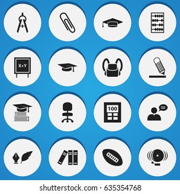 Set Of 16 Editable University Icons. Includes Symbols Such As Thinking Man, Math Tool, Schoolbag And More. Can Be Used For Web, Mobile, UI And Infographic Design.