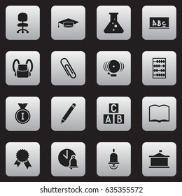 Set Of 16 Editable University Icons. Includes Symbols Such As Graduate, Alarm Bell, Staple And More. Can Be Used For Web, Mobile, UI And Infographic Design.