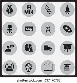 Set Of 16 Editable University Icons. Includes Symbols Such As Book, School Board, Alphabet Cube And More. Can Be Used For Web, Mobile, UI And Infographic Design.