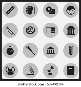 Set Of 16 Editable University Icons. Includes Symbols Such As Paint, Schoolbag, Plant Pot And More. Can Be Used For Web, Mobile, UI And Infographic Design.