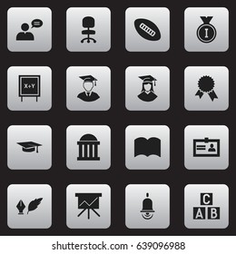 Set Of 16 Editable University Icons. Includes Symbols Such As Work Seat, Alphabet Cube, Blackboard And More. Can Be Used For Web, Mobile, UI And Infographic Design.